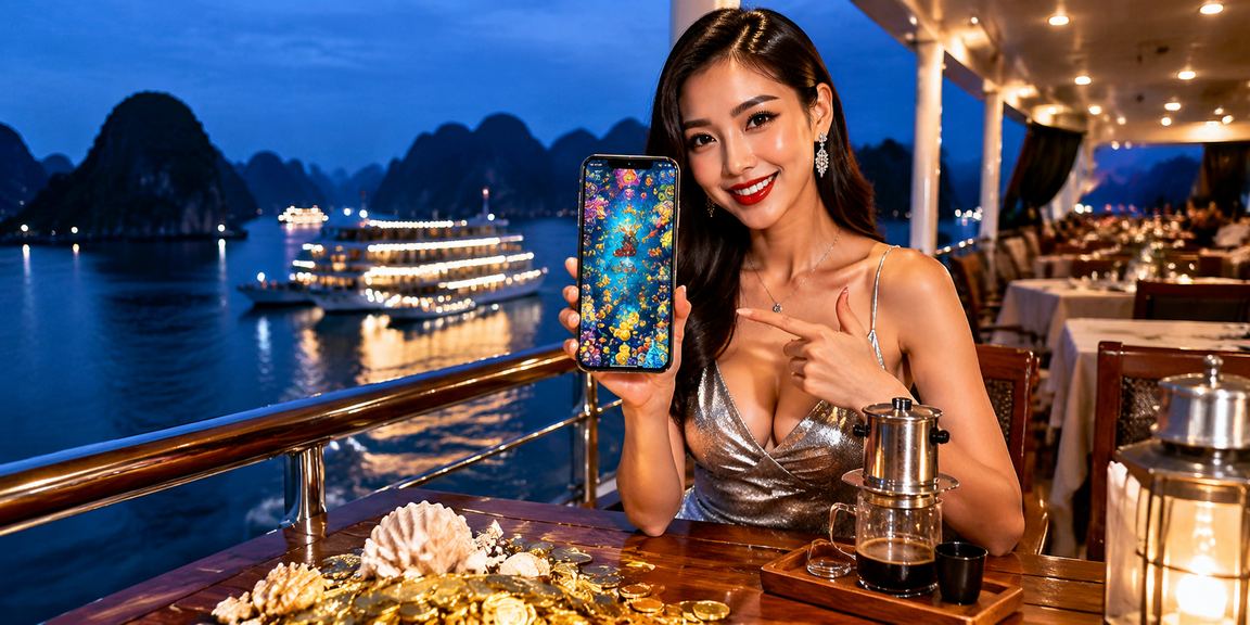 Người dùng Việt Nam dùng điện thoại truy cập casino di động bên ly cà phê với phong cảnh Hạ Long