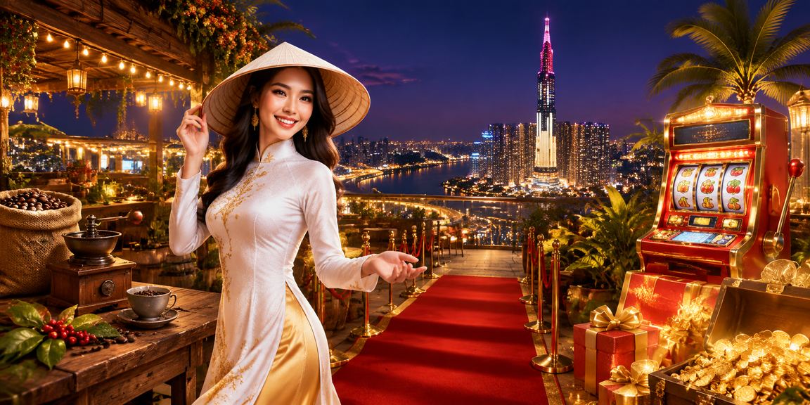 Người chơi tại TP. Hồ Chí Minh thưởng thức slot game trực tuyến với chiếc nón lá truyền thống
